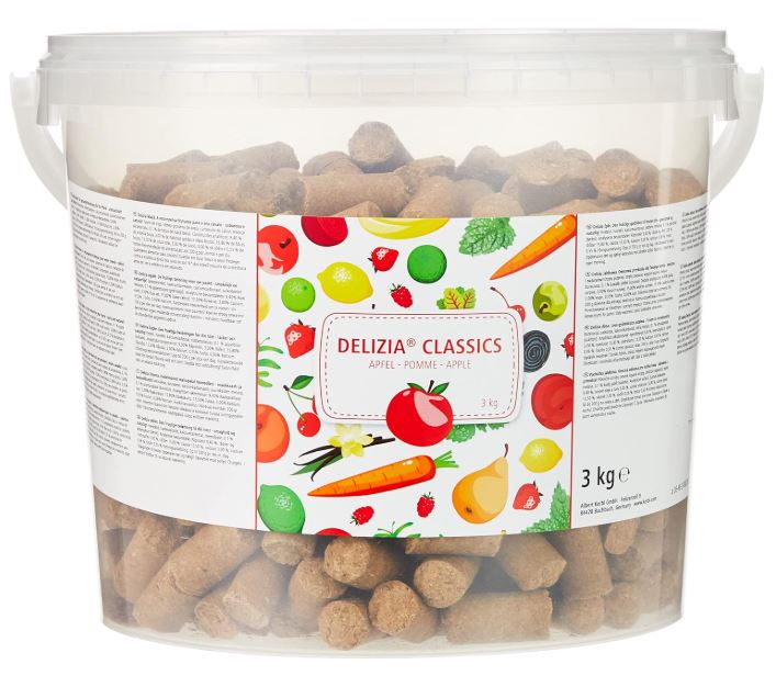 Pot de 3 kilos friandises saveur pomme en forme de granulés friandises pour cheval saveur pomme pot de 3 kilos